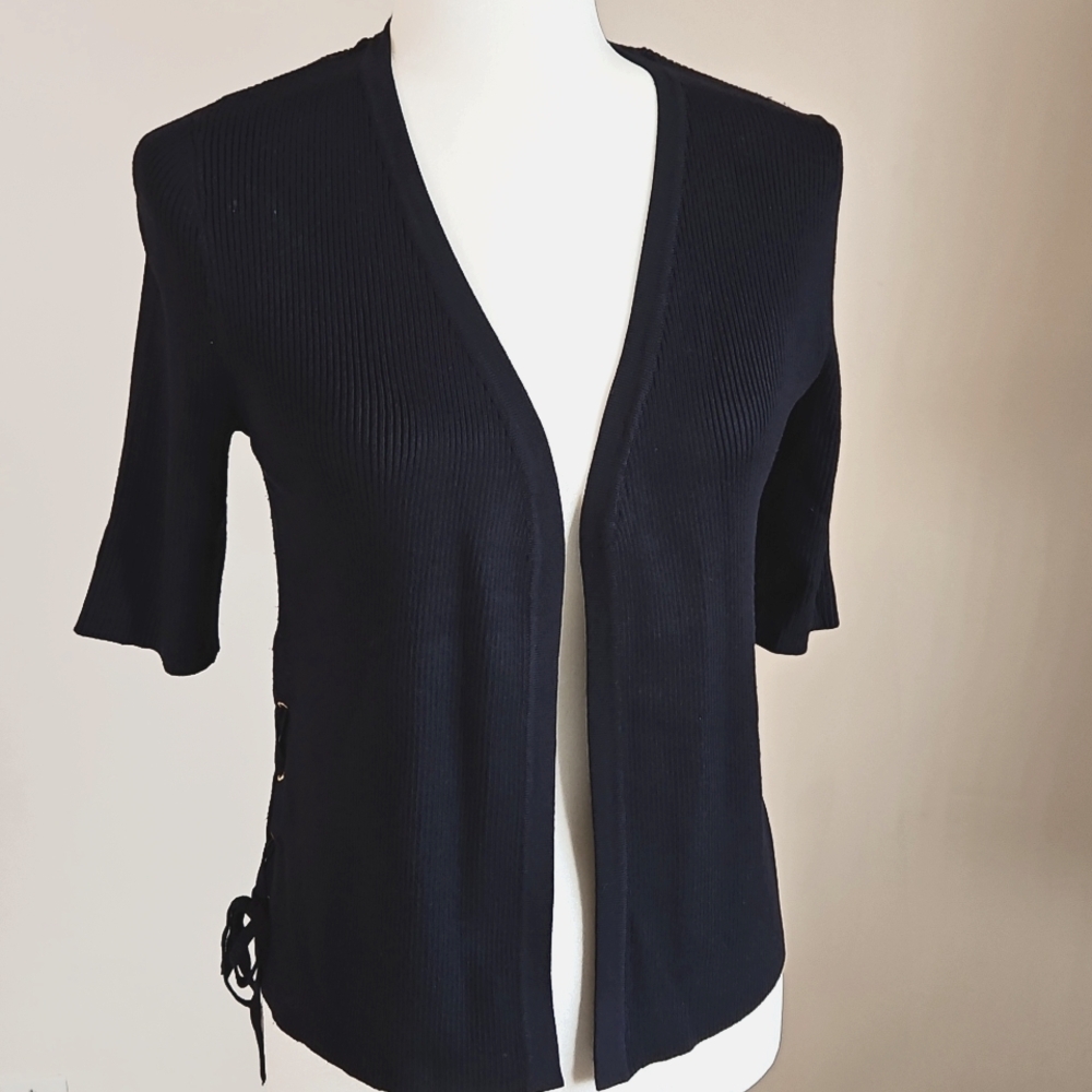 Carmen Marc Valvo Elbow Sleeve Cardigan Open Navy Side Lacing Coastal Nautical M